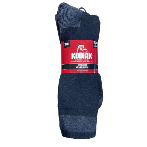 Three pairs of black Kodiak men's work socks packaged together with the brand's label visible.