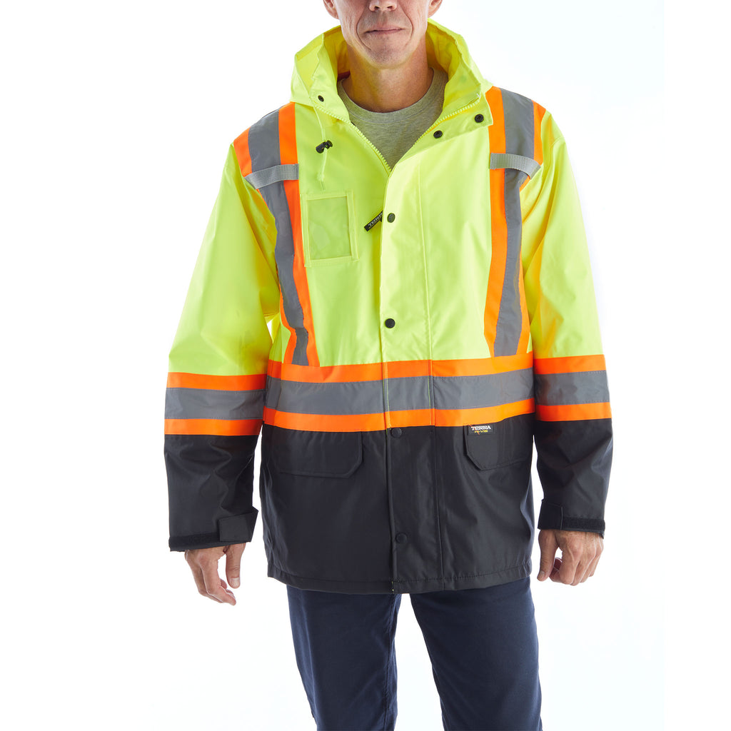 Terra Hi-Vis Rain Jacket with Reflective Tape and Removable Hood