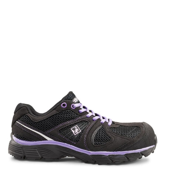womens black and purple CSA work shoes shown from the side