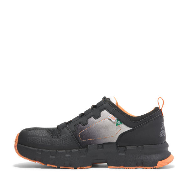 Timberland PRO Men's Powertrain EV Composite Toe Athletic Work Shoe in black with orange accents, featuring a lace-up closure and a rubber outsole.
