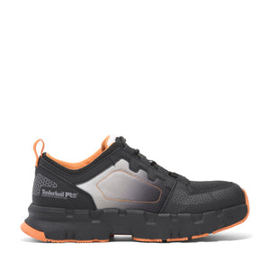 Timberland PRO Men's Powertrain EV Composite Toe Athletic Work Shoe in black with orange accents, featuring a lace-up closure and a rubber outsole.