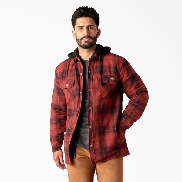 Dickies Men's Hooded Flannel Shirt Jacket with Hydroshield TJ211 - Brick Red & Black Plaid