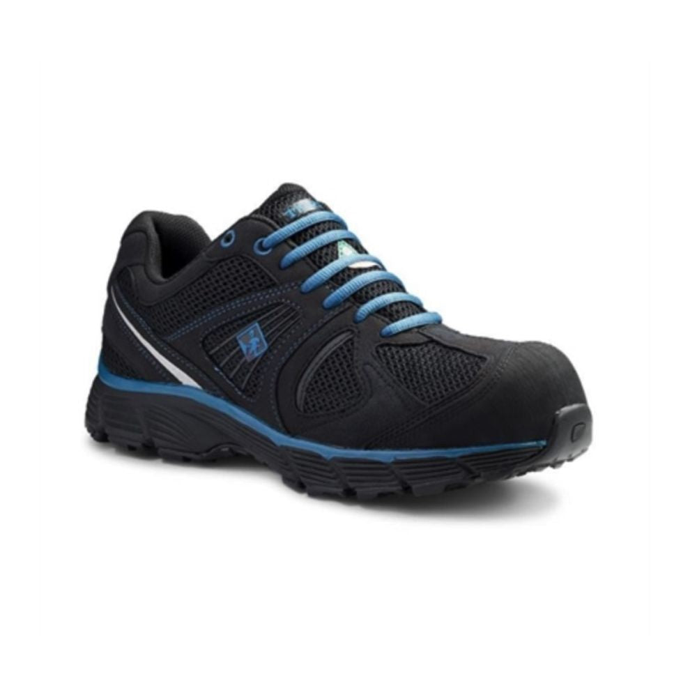 mens black CSA work shoes with blue accents photographed from the front/side