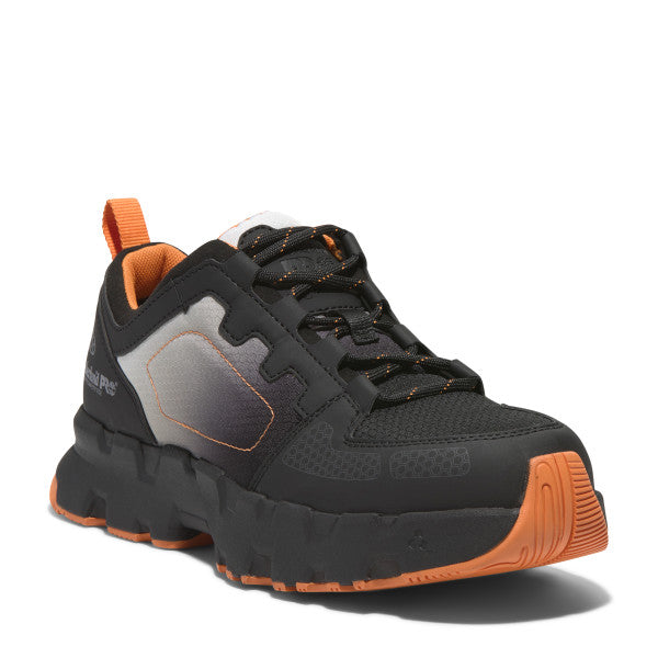 Timberland PRO Men's Powertrain EV Composite Toe Athletic Work Shoe in black with orange accents, featuring a lace-up closure and a rubber outsole.