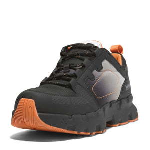 Timberland PRO Men's Powertrain EV Composite Toe Athletic Work Shoe in black with orange accents, featuring a lace-up closure and a rubber outsole.