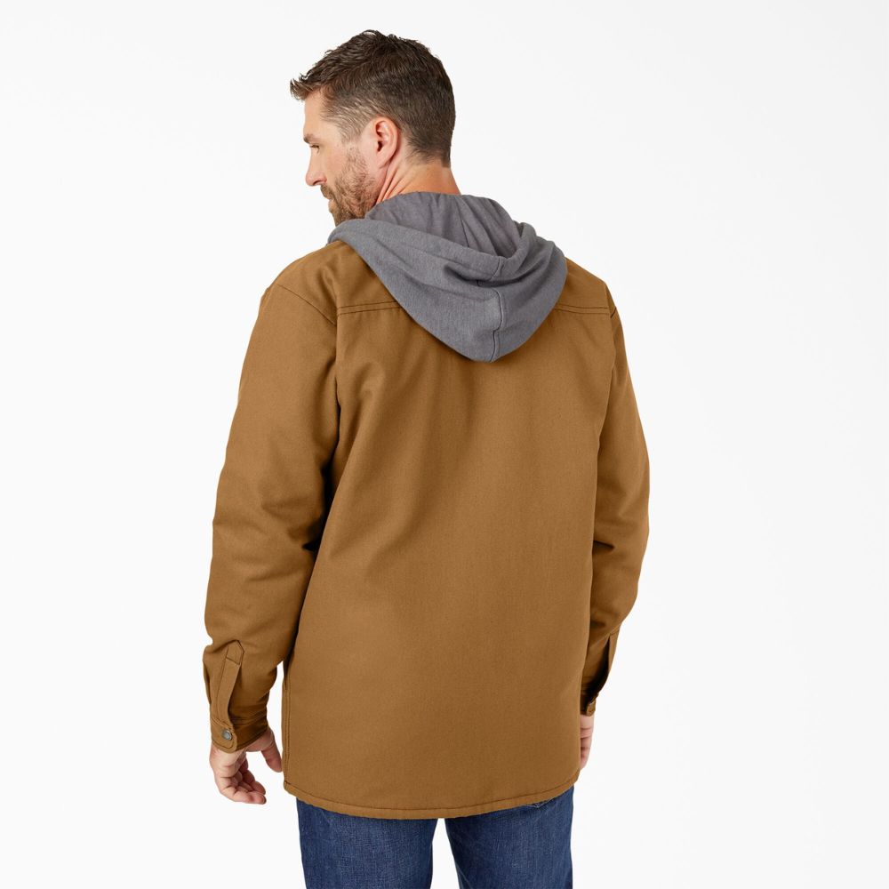 Dickies Men's Hooded Fleece Duck Shirt Jacket with Hydroshield TJ213 - Brown Duck