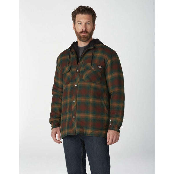 Dickies Men's Hooded Flannel Shirt Jacket with Hydroshield TJ211 - Green Plaid