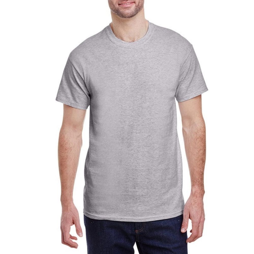 Men's Short Sleeve Crew Neck T-Shirt - grey photographed on a male from the front