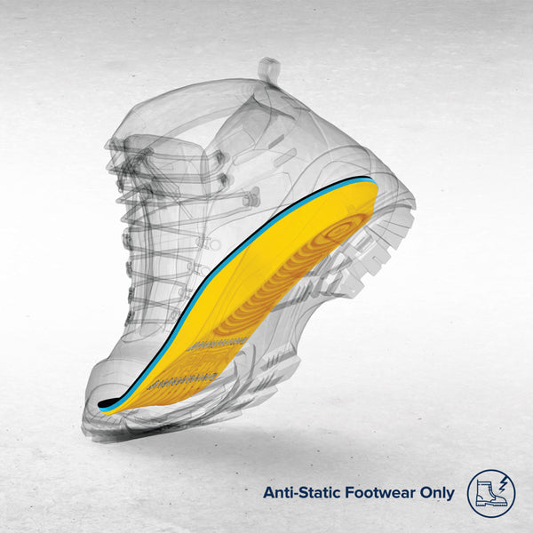 Yellow and black insoles for shoes shown inside shoe
