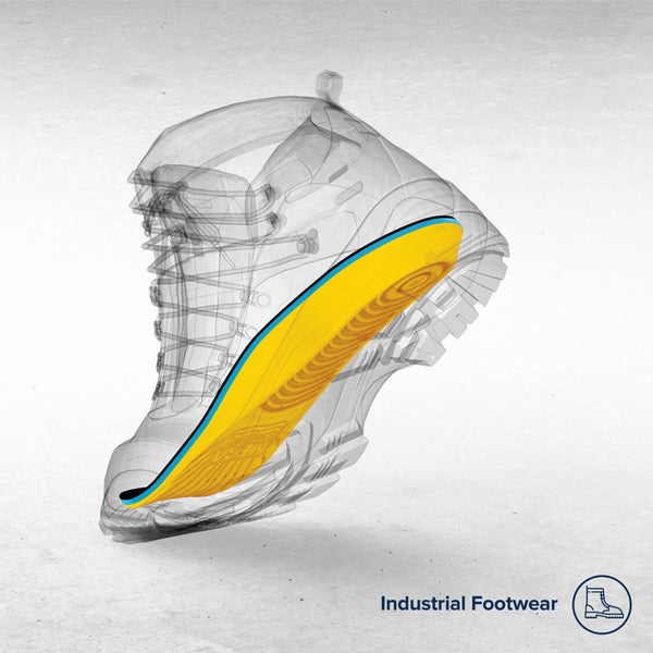 Yellow and black insoles for shoes shown inside the shoe