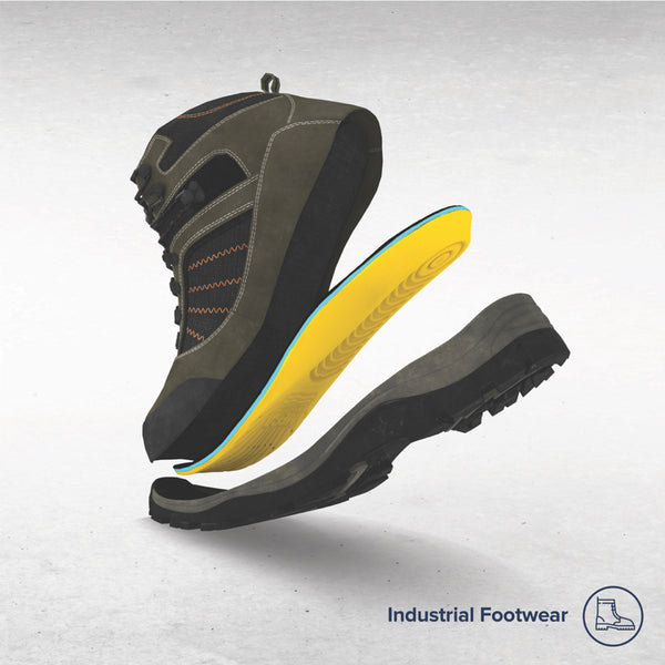 Yellow and black insoles for shoes shown as a blowout where they fit in the shoes