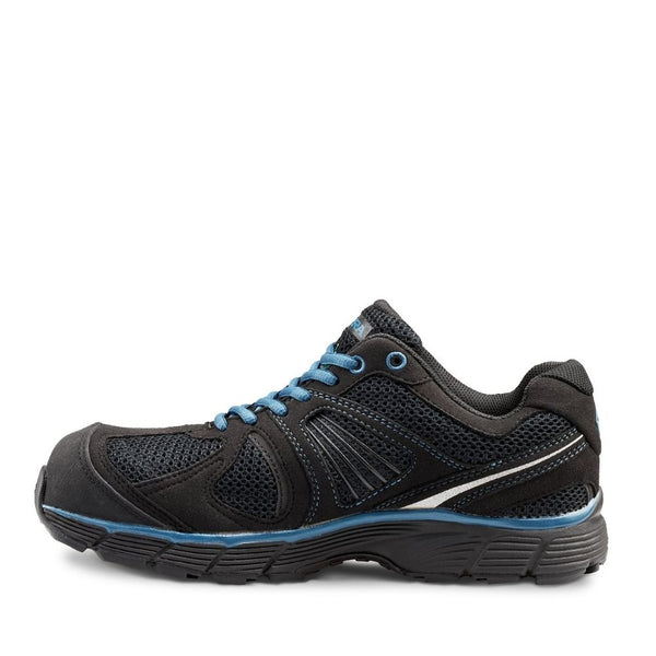 mens black CSA work shoes with blue accents photographed from the front/side