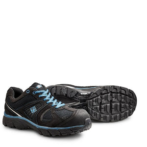 mens black CSA work shoes with blue accents photographed from the front/side