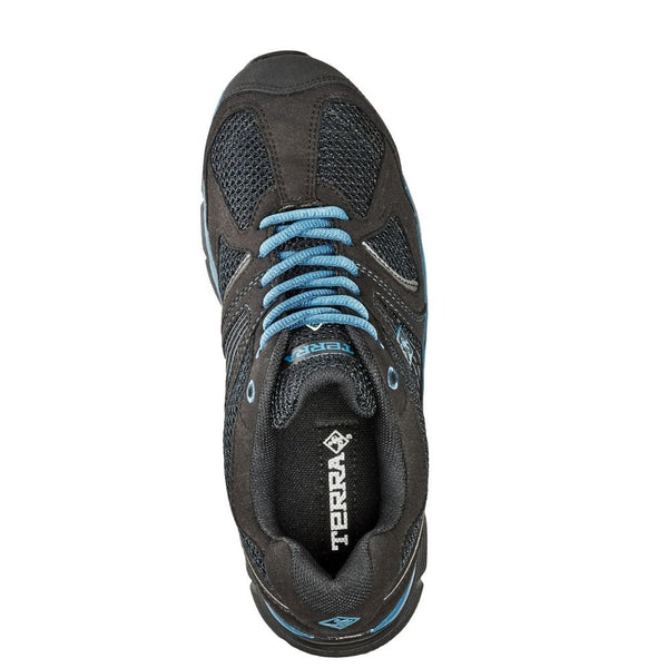 mens black CSA work shoes with blue accents photographed from the top