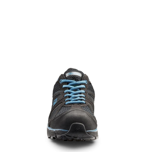 mens black CSA work shoes with blue accents photographed from the front
