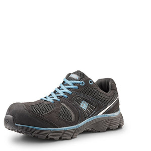 mens black CSA work shoes with blue accents photographed from the front/side