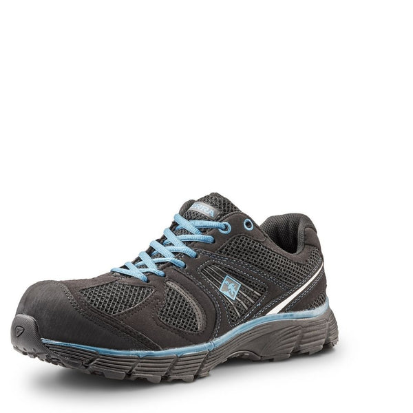 mens black CSA work shoes with blue accents photographed from the front/side
