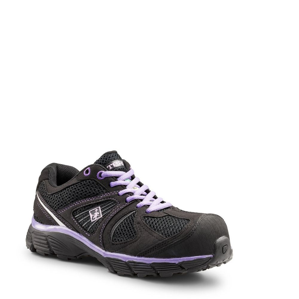 woman wearing black and purple CSA work shoes while fixing a car