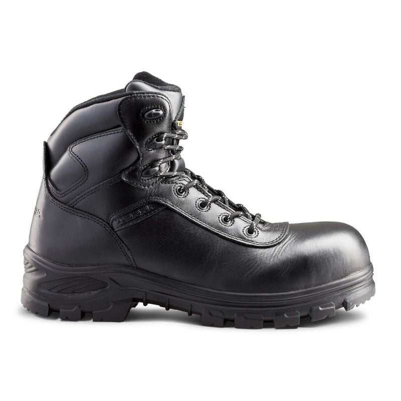 black 6 inch CSA work boot shown from the front with a side view