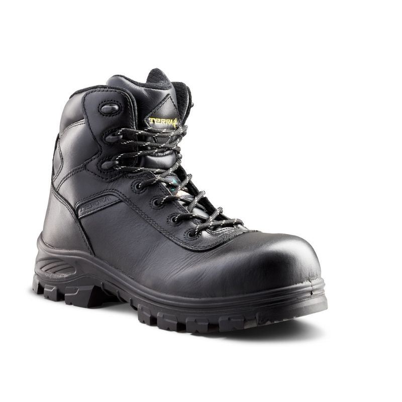 black 6 inch CSA work boot shown from the front with a side view