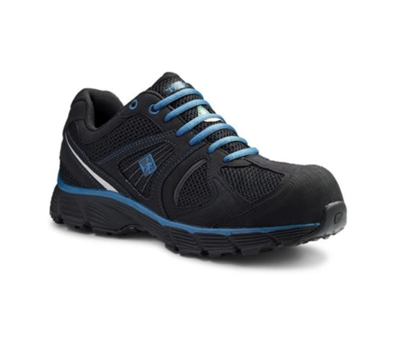 mens black CSA work shoes with blue accents photographed from the front/side