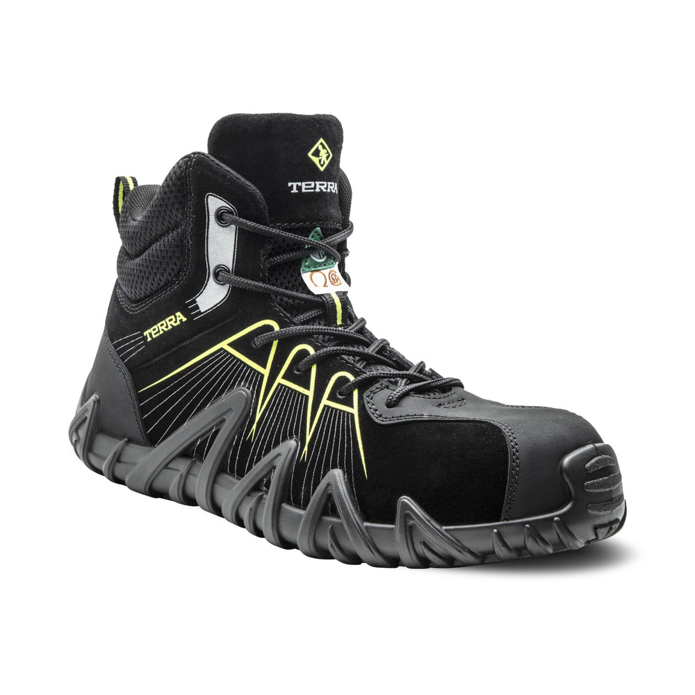 suede CSA work boots with lime accents photographed from the front/side