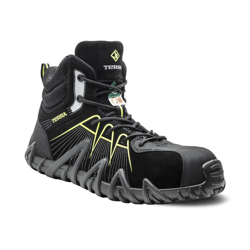 suede CSA work boots with lime accents photographed from the front/side